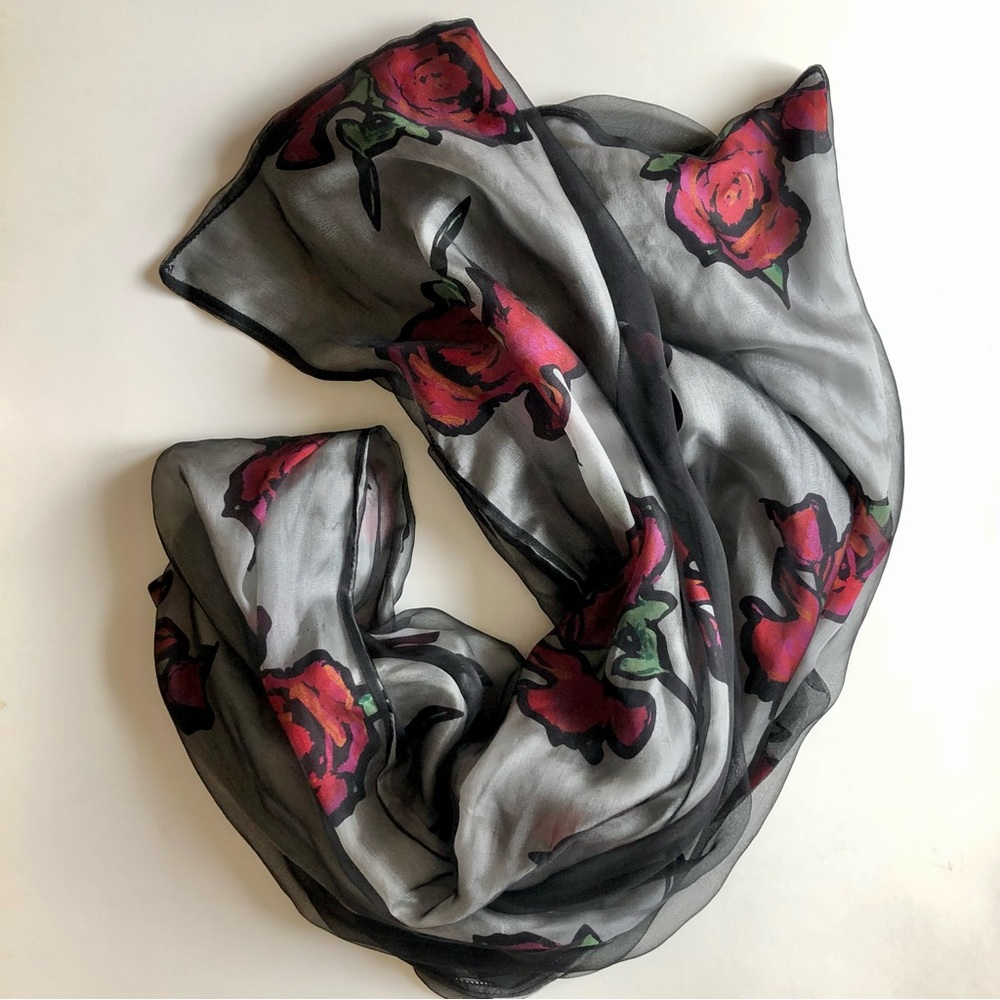 Silk Grey Scarf with Rose Pattern